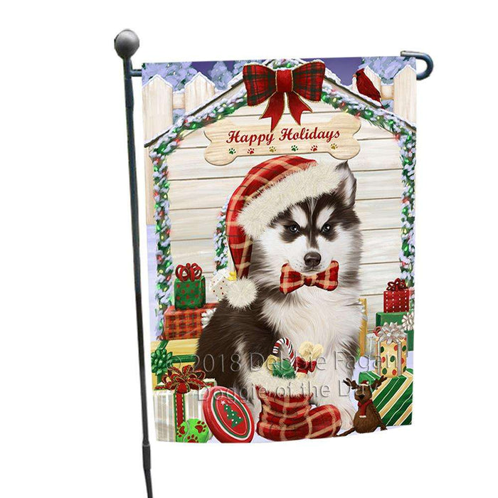Happy Holidays Christmas Siberian Husky Dog House With Presents Garden Flag GFLG51511