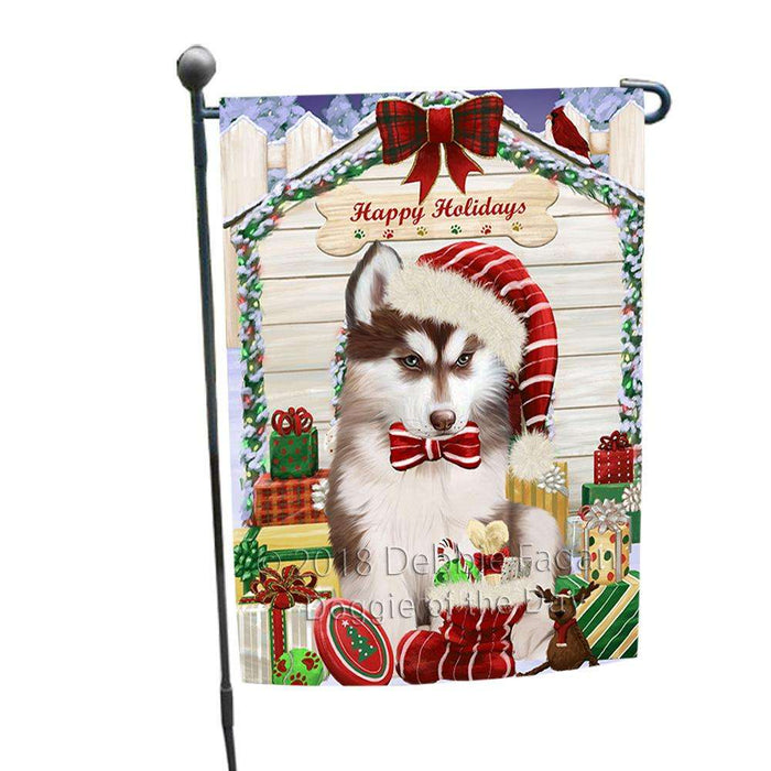 Happy Holidays Christmas Siberian Husky Dog House With Presents Garden Flag GFLG51512