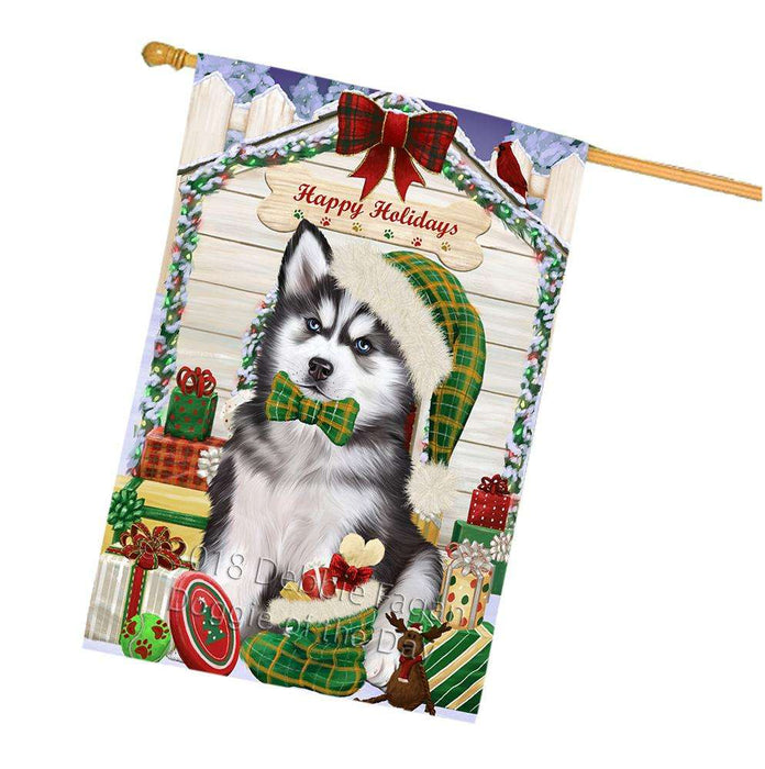 Happy Holidays Christmas Siberian Husky Dog House With Presents House Flag FLG51645