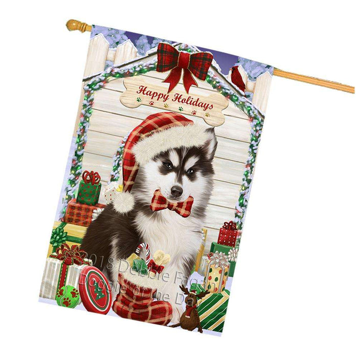 Happy Holidays Christmas Siberian Husky Dog House With Presents House Flag FLG51647