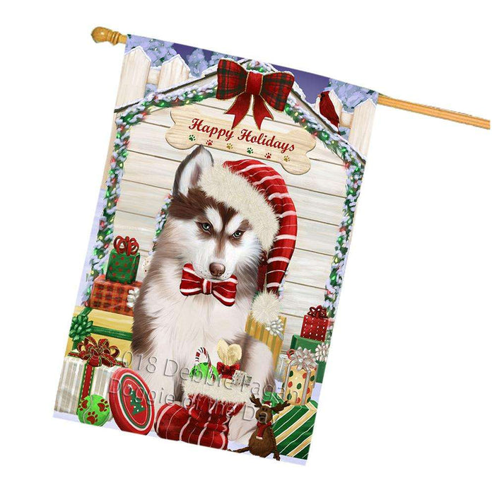 Happy Holidays Christmas Siberian Husky Dog House With Presents House Flag FLG51648