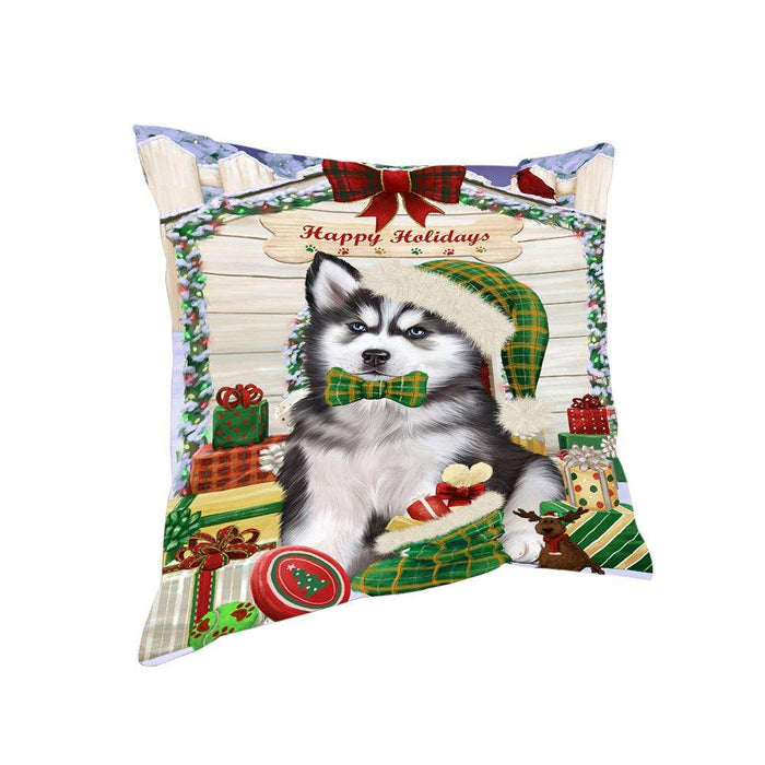 Happy Holidays Christmas Siberian Husky Dog House with Presents Pillow PIL62412