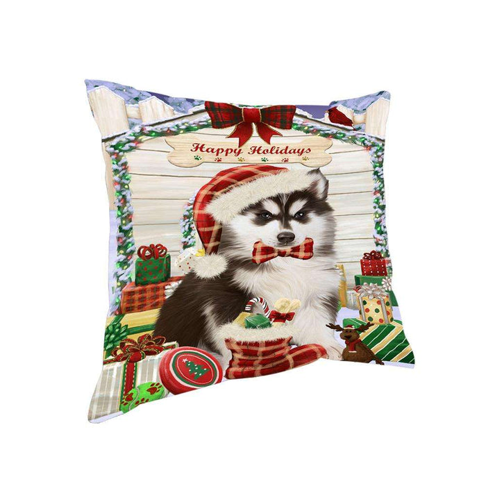 Happy Holidays Christmas Siberian Husky Dog House with Presents Pillow PIL62420