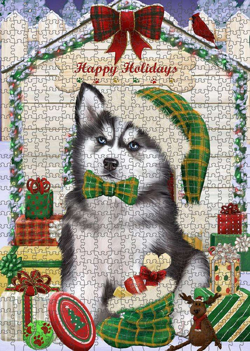 Happy Holidays Christmas Siberian Husky Dog House with Presents Puzzle with Photo Tin PUZL58623