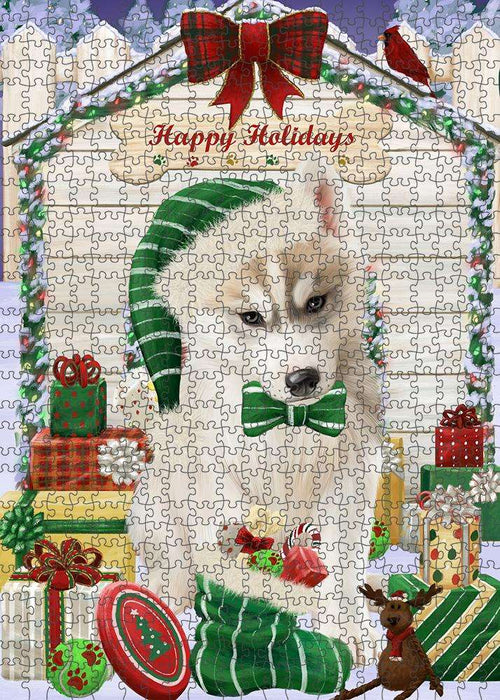 Happy Holidays Christmas Siberian Husky Dog House with Presents Puzzle with Photo Tin PUZL58626