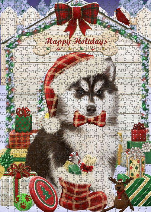 Happy Holidays Christmas Siberian Husky Dog House with Presents Puzzle with Photo Tin PUZL58629