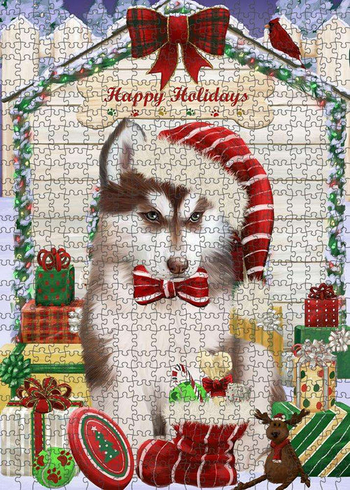 Happy Holidays Christmas Siberian Husky Dog House with Presents Puzzle with Photo Tin PUZL58632