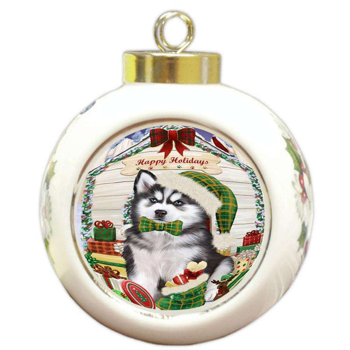 Happy Holidays Christmas Siberian Husky Dog House With Presents Round Ball Christmas Ornament RBPOR51512