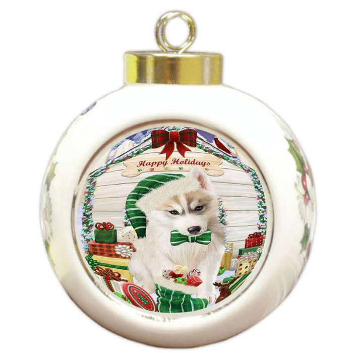 Happy Holidays Christmas Siberian Husky Dog House With Presents Round Ball Christmas Ornament RBPOR51513