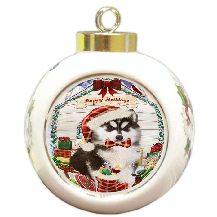 Happy Holidays Christmas Siberian Husky Dog House With Presents Round Ball Christmas Ornament RBPOR51514