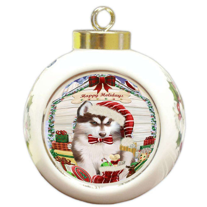 Happy Holidays Christmas Siberian Husky Dog House With Presents Round Ball Christmas Ornament RBPOR51515