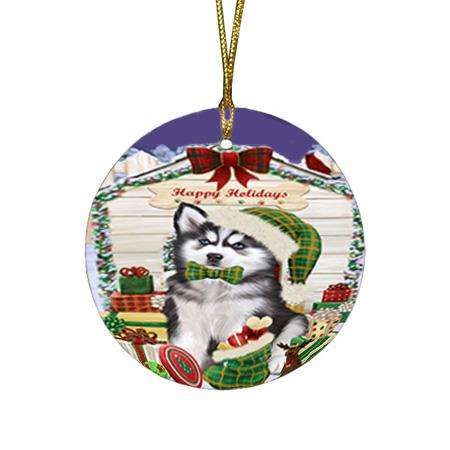 Happy Holidays Christmas Siberian Husky Dog House With Presents Round Flat Christmas Ornament RFPOR51503
