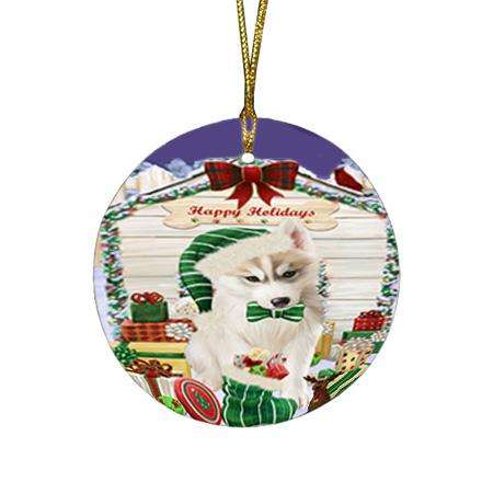 Happy Holidays Christmas Siberian Husky Dog House With Presents Round Flat Christmas Ornament RFPOR51504