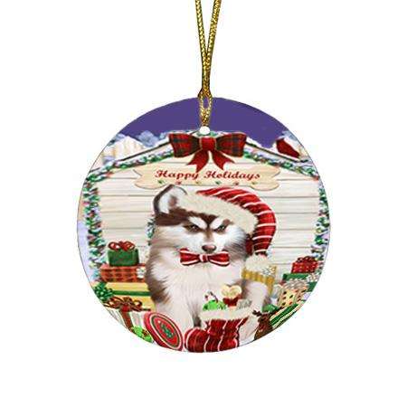 Happy Holidays Christmas Siberian Husky Dog House With Presents Round Flat Christmas Ornament RFPOR51506