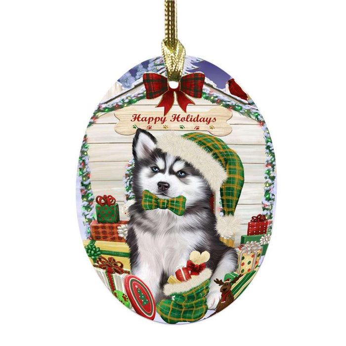 Happy Holidays Christmas Siberian Husky House With Presents Oval Glass Christmas Ornament OGOR49970