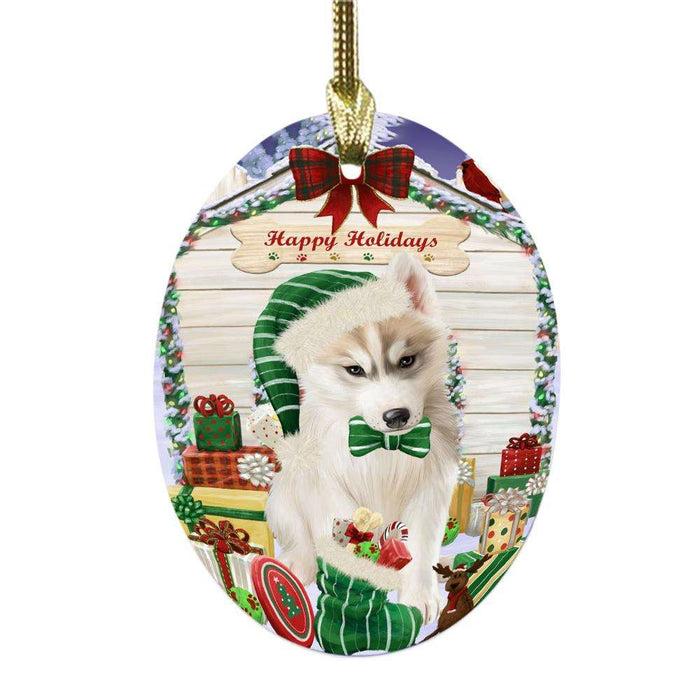 Happy Holidays Christmas Siberian Husky House With Presents Oval Glass Christmas Ornament OGOR49971