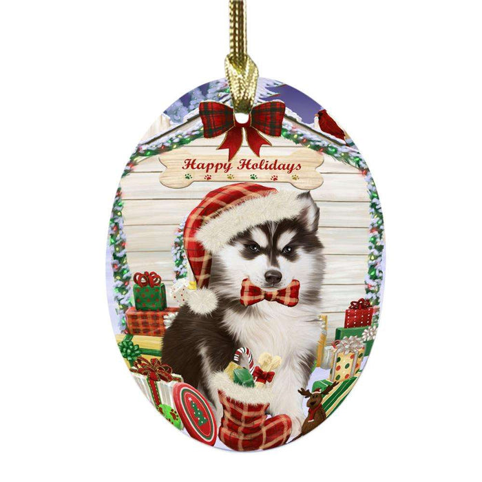 Happy Holidays Christmas Siberian Husky House With Presents Oval Glass Christmas Ornament OGOR49972