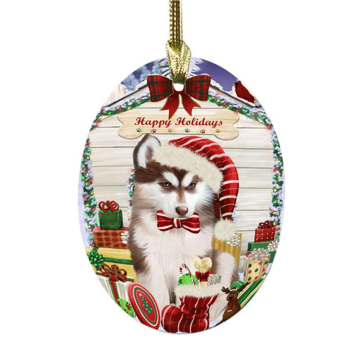 Happy Holidays Christmas Siberian Husky House With Presents Oval Glass Christmas Ornament OGOR49973