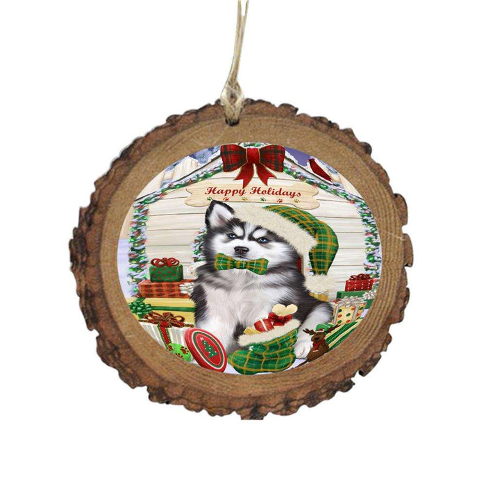 Happy Holidays Christmas Siberian Husky House With Presents Wooden Christmas Ornament WOR49970