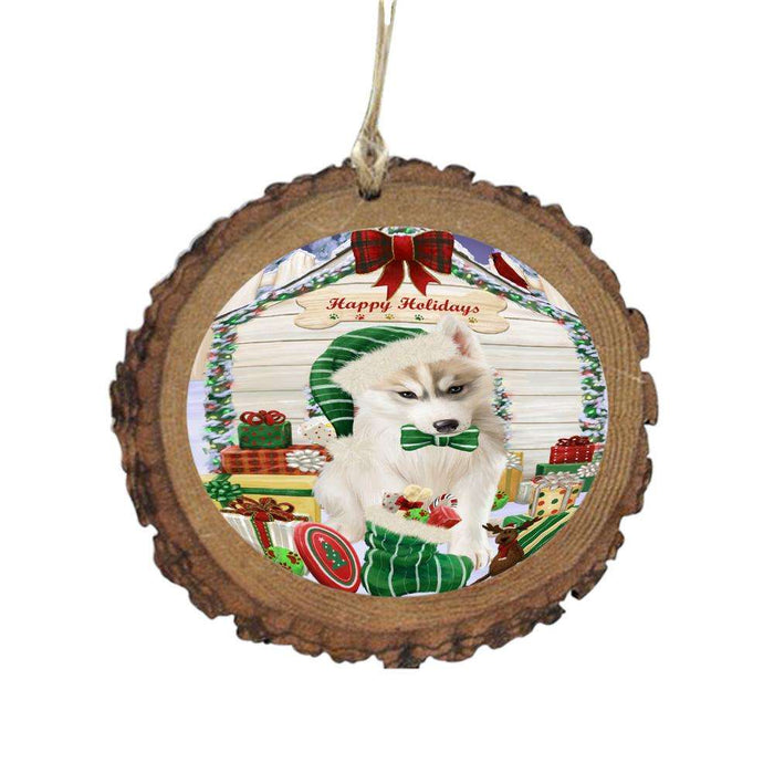 Happy Holidays Christmas Siberian Husky House With Presents Wooden Christmas Ornament WOR49971