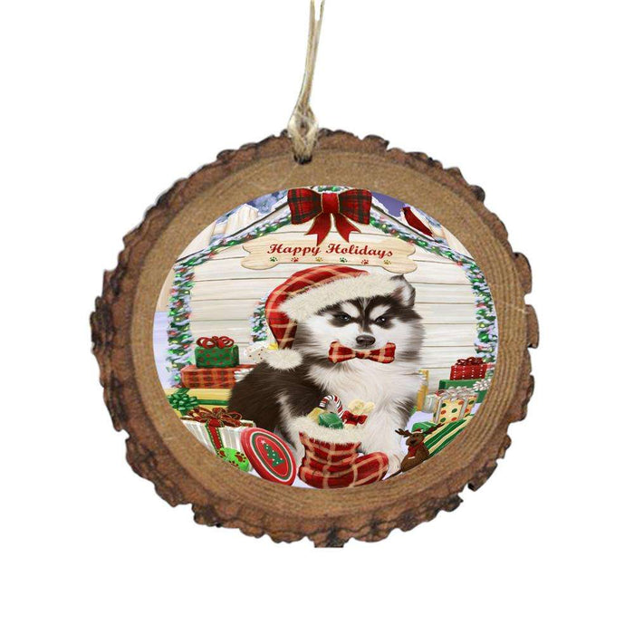 Happy Holidays Christmas Siberian Husky House With Presents Wooden Christmas Ornament WOR49972