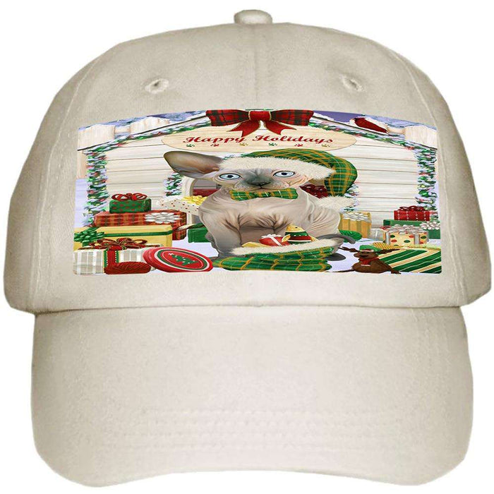 Happy Holidays Christmas Sphynx Cat With Presents Ball Hat Cap HAT61791