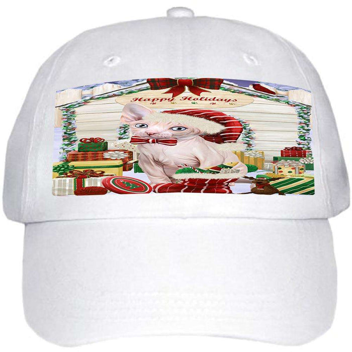 Happy Holidays Christmas Sphynx Cat With Presents Ball Hat Cap HAT61800