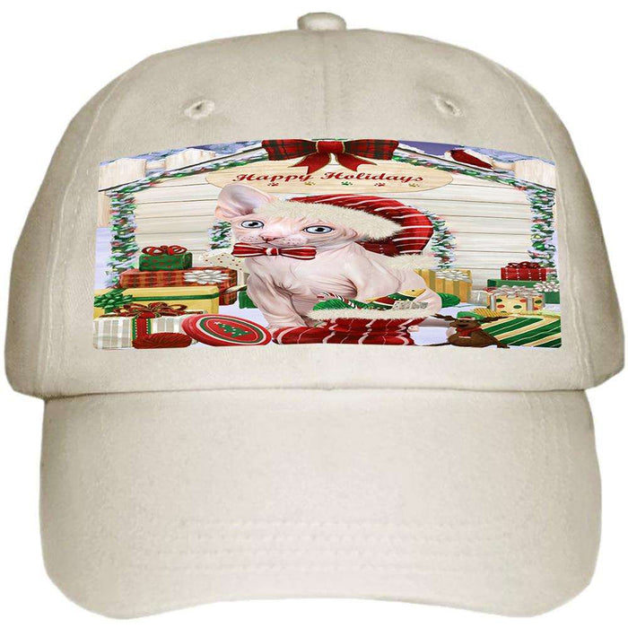 Happy Holidays Christmas Sphynx Cat With Presents Ball Hat Cap HAT61800