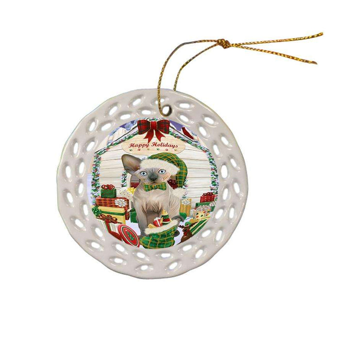 Happy Holidays Christmas Sphynx Cat With Presents Ceramic Doily Ornament DPOR52686