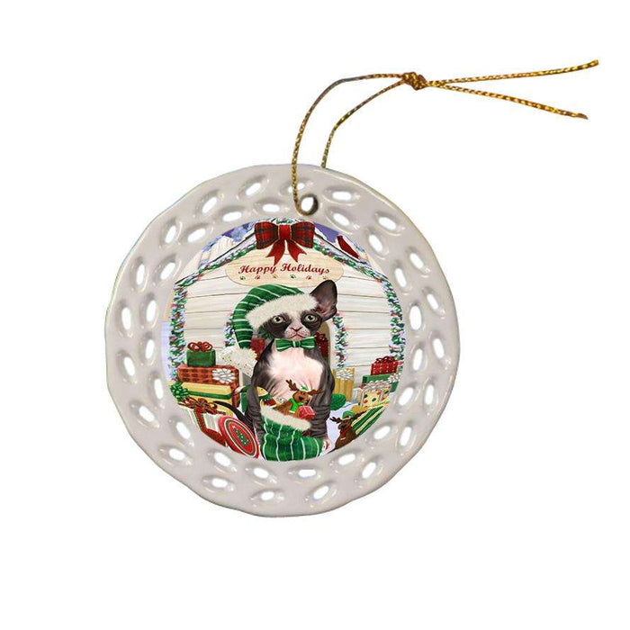 Happy Holidays Christmas Sphynx Cat With Presents Ceramic Doily Ornament DPOR52687