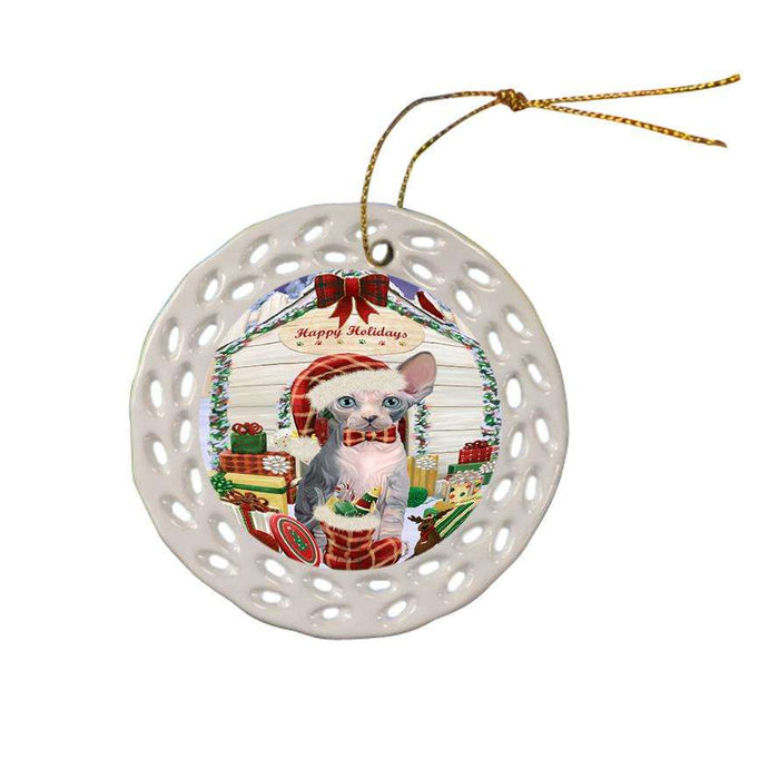Happy Holidays Christmas Sphynx Cat With Presents Ceramic Doily Ornament DPOR52688