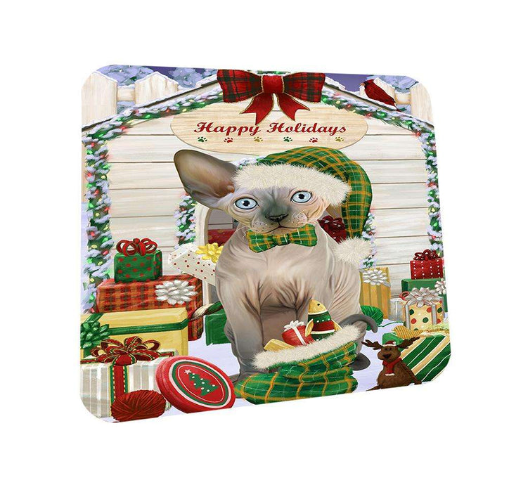 Happy Holidays Christmas Sphynx Cat With Presents Coasters Set of 4 CST52645