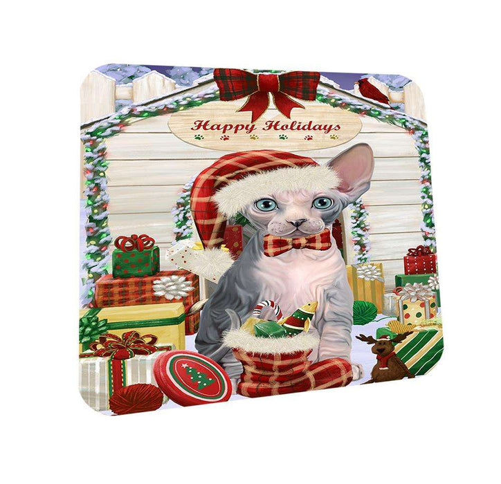 Happy Holidays Christmas Sphynx Cat With Presents Coasters Set of 4 CST52647