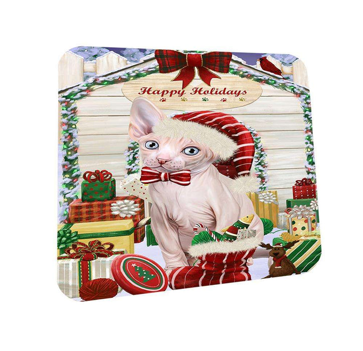 Happy Holidays Christmas Sphynx Cat With Presents Coasters Set of 4 CST52648
