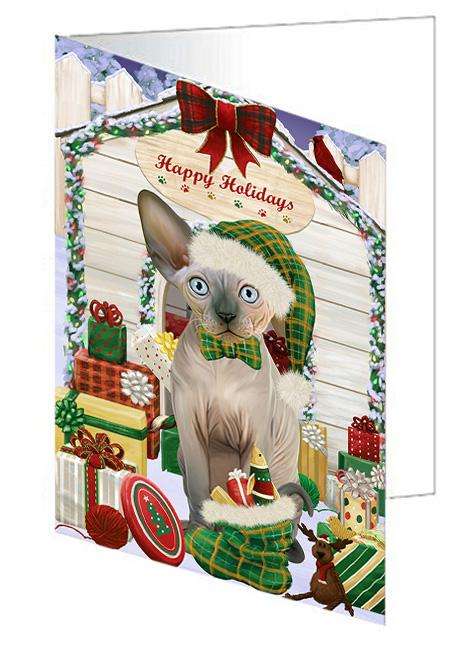 Happy Holidays Christmas Sphynx Cat With Presents Handmade Artwork Assorted Pets Greeting Cards and Note Cards with Envelopes for All Occasions and Holiday Seasons GCD62087