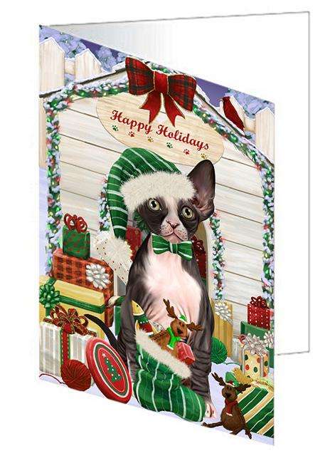 Happy Holidays Christmas Sphynx Cat With Presents Handmade Artwork Assorted Pets Greeting Cards and Note Cards with Envelopes for All Occasions and Holiday Seasons GCD62090