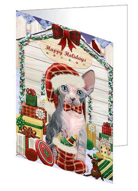 Happy Holidays Christmas Sphynx Cat With Presents Handmade Artwork Assorted Pets Greeting Cards and Note Cards with Envelopes for All Occasions and Holiday Seasons GCD62093