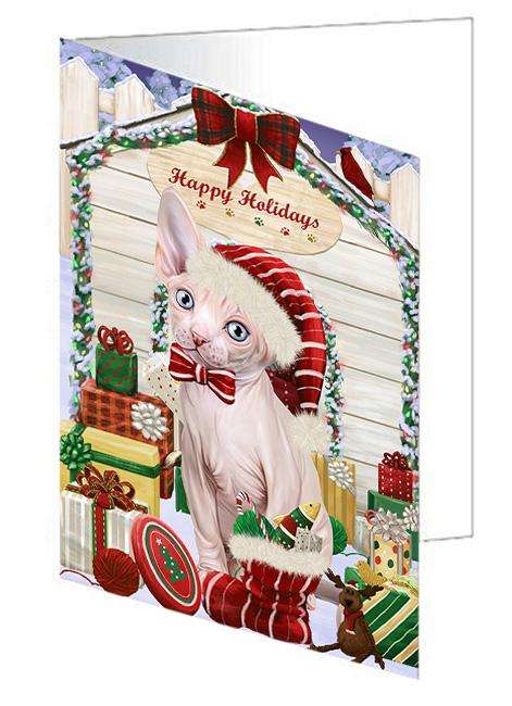 Happy Holidays Christmas Sphynx Cat With Presents Handmade Artwork Assorted Pets Greeting Cards and Note Cards with Envelopes for All Occasions and Holiday Seasons GCD62096
