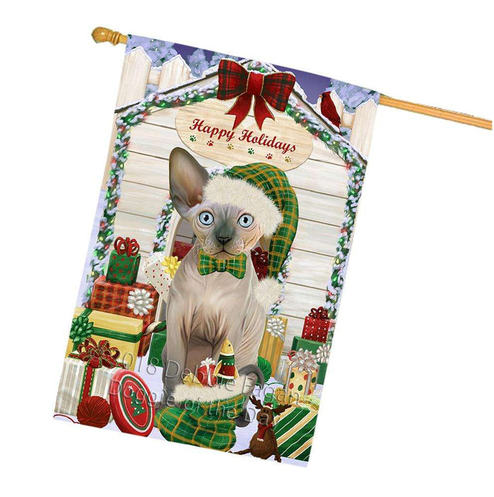 Happy Holidays Christmas Sphynx Cat With Presents House Flag FLG52767