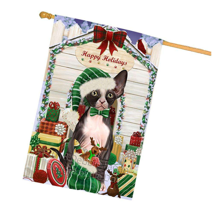 Happy Holidays Christmas Sphynx Cat With Presents House Flag FLG52768