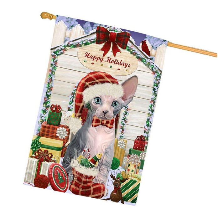 Happy Holidays Christmas Sphynx Cat With Presents House Flag FLG52769