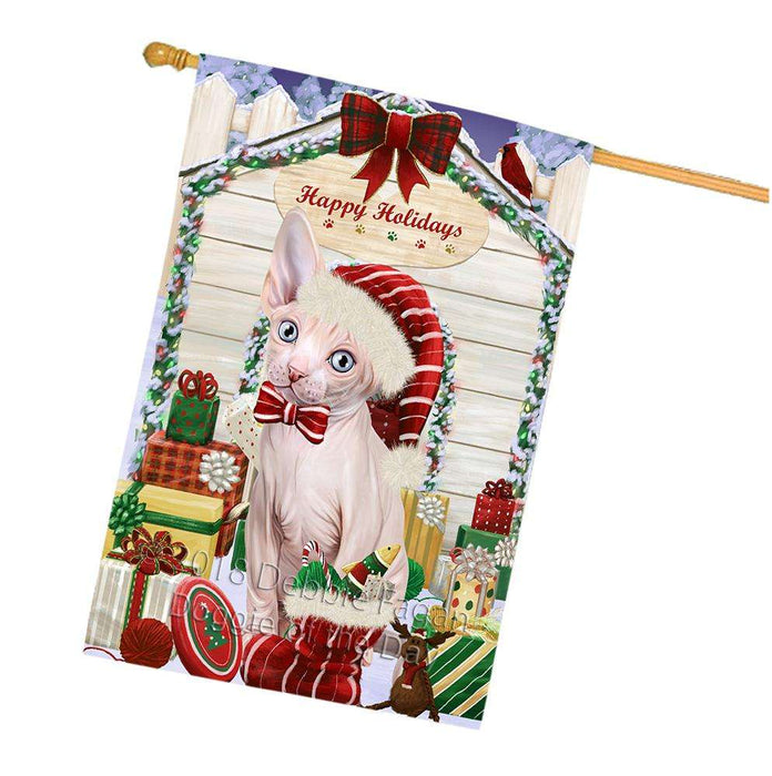 Happy Holidays Christmas Sphynx Cat With Presents House Flag FLG52770