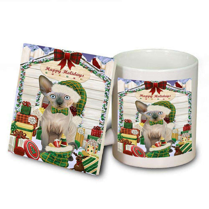 Happy Holidays Christmas Sphynx Cat With Presents Mug and Coaster Set MUC52678