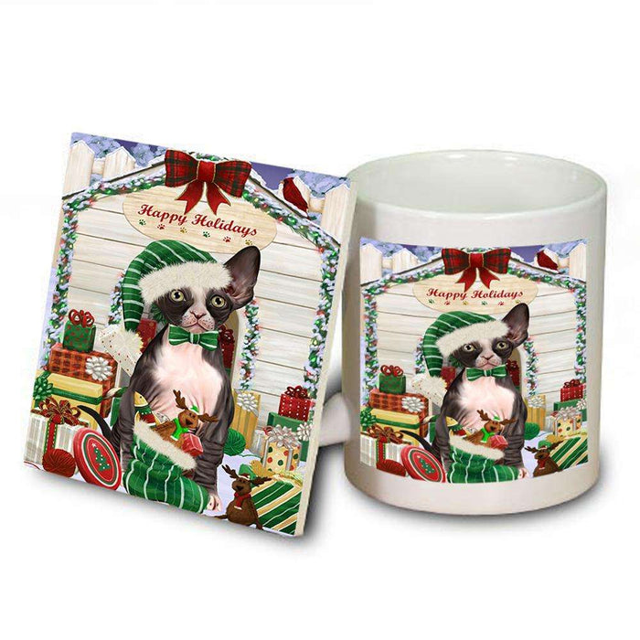 Happy Holidays Christmas Sphynx Cat With Presents Mug and Coaster Set MUC52679