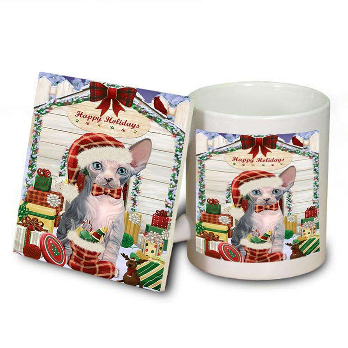 Happy Holidays Christmas Sphynx Cat With Presents Mug and Coaster Set MUC52680