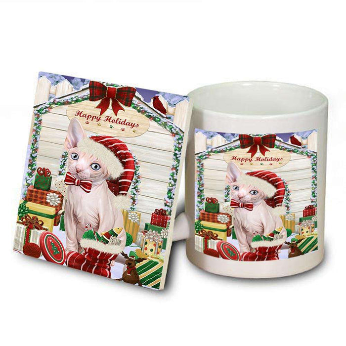 Happy Holidays Christmas Sphynx Cat With Presents Mug and Coaster Set MUC52681