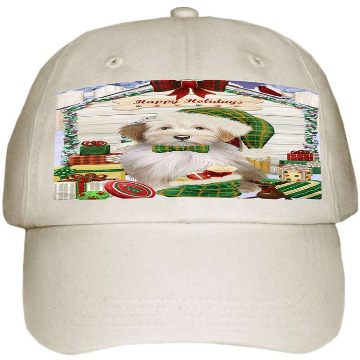 Happy Holidays Christmas Tibetan Terrier Dog House with Presents Ball Hat Cap HAT58281