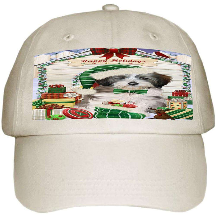 Happy Holidays Christmas Tibetan Terrier Dog House with Presents Ball Hat Cap HAT58284