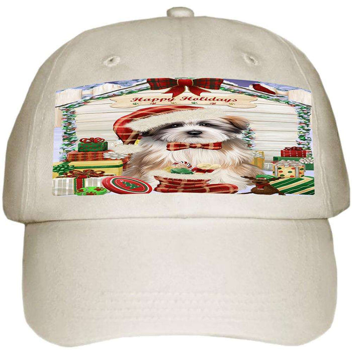 Happy Holidays Christmas Tibetan Terrier Dog House with Presents Ball Hat Cap HAT58287