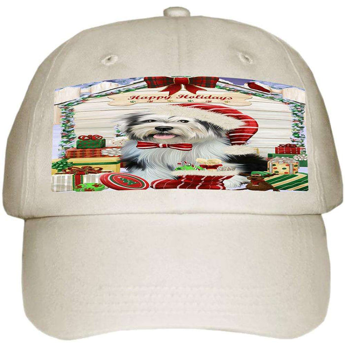 Happy Holidays Christmas Tibetan Terrier Dog House with Presents Ball Hat Cap HAT58290